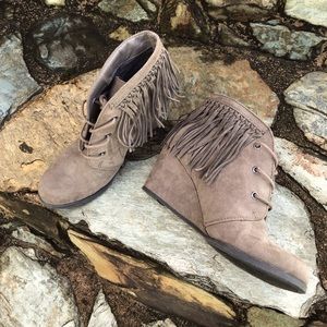 Fringe wedge booties